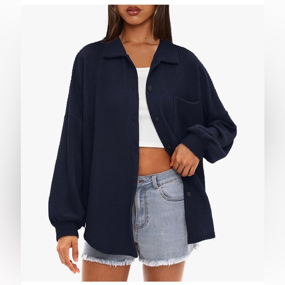 NWT DARK BLUE RIB KNIT LONG SLEEVE BUTTON DOWN SHIRT SHACKET-S 38 RET